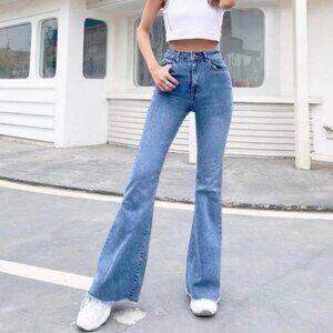 SHEIN High Rise Flare Jeans Blue Wide Leg Frayed Hem Retro Y2K Size Small 4